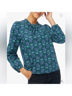 J.Crew Green Blue Floral Ruffle Neck Blouse Long Sleeve XS